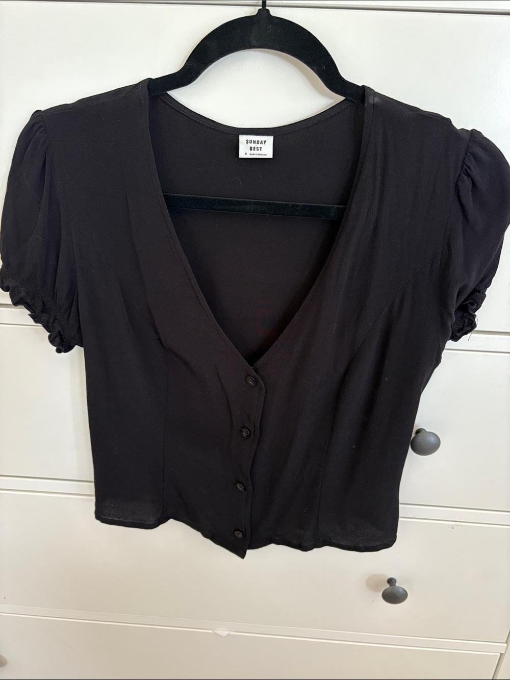 Sunday Best Black Button-Front V-Neck Puff Sleeve Top